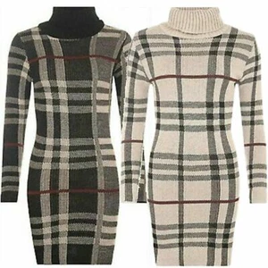 Ladies Polo Neck Tartan Knitted Midi Women Long Sleeve Bodycon Jumper Dress New - Picture 1 of 3
