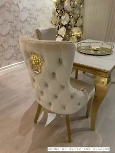Dining Table White & Gold New 1.4 X 0.8m & 2 Cream & Gold Lion Chairs (Louis) - Picture 1 of 10