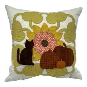 NEU Handarbeit Sonnenblume, Katze & Kürbisse Kissen Vintage Quilt Chenille Halloween - Bild 1 von 11