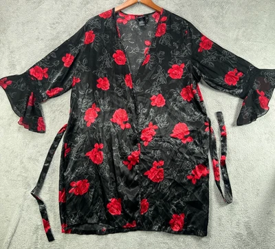 Secret Treasures Womens Black Satin Red Floral Robe Size Large Belted Lace Robe - Image 1 of 4