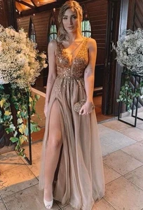 A-Line Sleeveless V-neck Floor Rhinestone Tulle Dresses, Beige Brown Size 4 - Picture 1 of 7