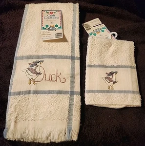 Neu Vintage Set 2 Kreuzstich Ente Küche Geschirrtuch Handtuch 80er blau Bauernhof Land - Bild 1 von 7