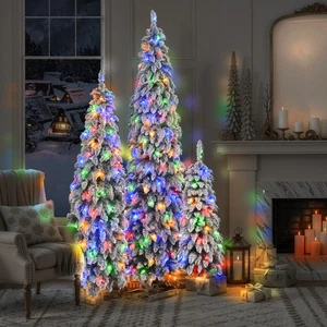 3-set Pre-Lit Pencil Christmas Slim Artificial Christmas Tree With Snow Flocking - Picture 1 of 11