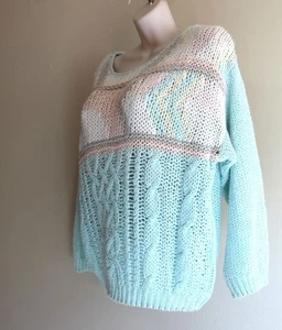 Handknit Vintage 80s Pastel Sweater Womens L Ramie Acrylic Blue Peach Pullover - Picture 1 of 7