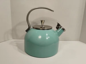 Kate Spade Lenox Turquoise Tea Kettle Chrome Handle 2.5 Quart EUC - Picture 1 of 9