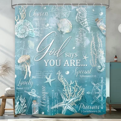 Cortina de Ducha Versículo Bíblico Playa Océano Azul 60Wx72H Pulgadas Estrella de Mar Concha En... Foto 1 de 4
