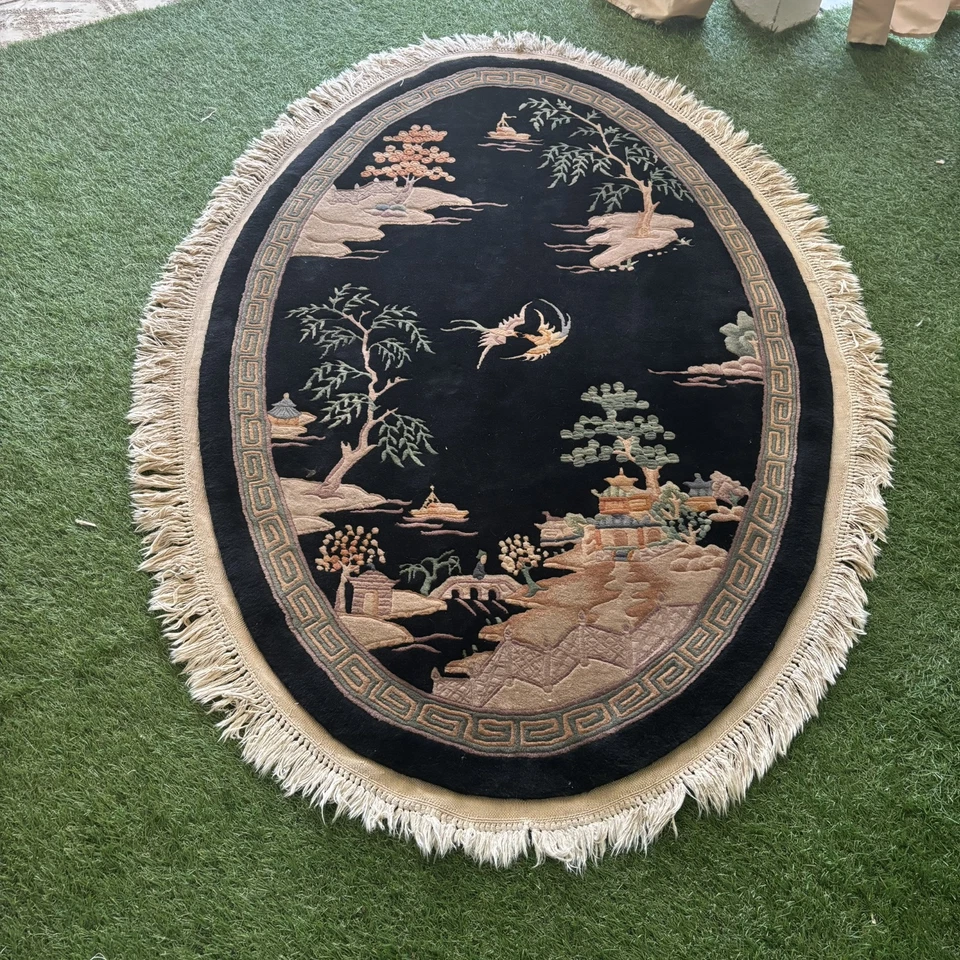 c1970's  ART DECO CHINESE OVAL RUG 4ft X 6ft SCENERY DESIGN_COMFORTING SOFT WOOL - Image 1 of 4