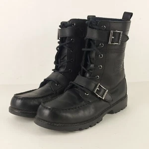 Polo Ralph Lauren Boots Boy 4.5 Black Leather Lace Up Biker Grunge Buckle Straps - Picture 1 of 16