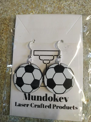 2X Pairs of Novelty Football Earrings Black & White-Dangle Drop-Laser Engraved - Image 1 of 4