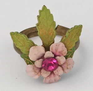 Michal Negrin Ring Romantic Fantasia Dainty Flower Enamel Pink Crystal 6.5 Leaf - Picture 1 of 13