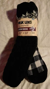 New Muk Luks Womens Cabin Socks Lined Thick Black & Plaid NON-SKID GRIPPERS L/XL - Picture 1 of 9