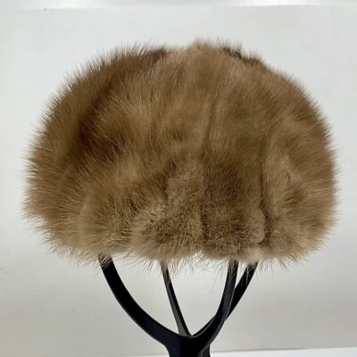 Womens Hat Vtg 1960s Light Brown Mink Fur Pillbox Mid Century Modern Luxury - Image 1 of 4