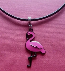 Flamingo Necklace Pink Leather Charm Pendant and Cord black Bird Jewellery - Picture 1 of 4