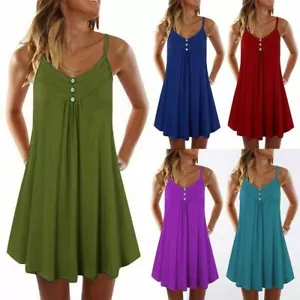 Womens Summer Tunic Dress Solid A Line Casual Strape Plain Sundress Plus Size - Bild 1 von 21