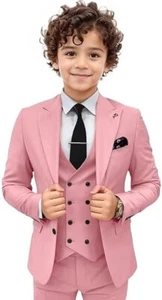 Boys Formal Suit Set 3 Piece Peak Lapel Ring Bearer Suit Slim Fit Kids Tuxedo - Picture 1 of 41