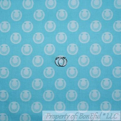 BonEful Fabric FQ Cotton Quilt Blue Aqua Dot Horse Shoe Cowgirl Stripe Print USA - Image 1 of 4