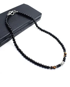 Obsidian and Tiger’s Eye 6mm Beaded Necklace with Stainless Steel Clasp - Picture 1 of 3