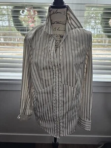 Women's 1X Ecru/Black Striped Long Sleeved Polyrayon Button-Up Top By East 5th - Picture 1 of 6