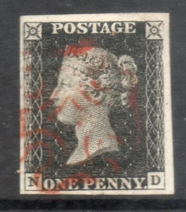 GB QV 1840 1d Penny Black SG1 ND plate 1b Red Maltese cross cat 4 margin - Picture 1 of 2
