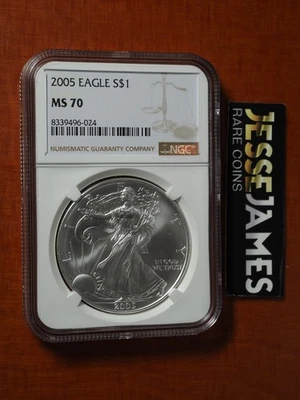 2005 $1 AMERICAN SILVER EAGLE NGC MS70 CLASSIC BROWN LABEL - Image 1 of 2