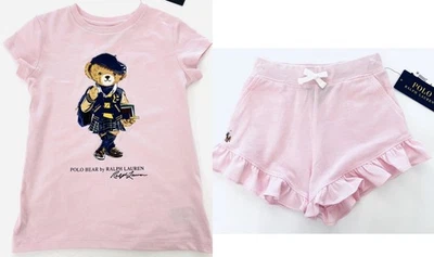Juego de 2 Ralph Lauren para niñas nuevo con etiquetas. Camiseta Polo Bear + Pantalones cortos de malla. Talla 6. EU 116 Foto 1 de 3
