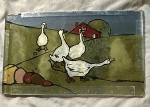 Pintura al revés vintage patos en corral folkart amateur - Imagen 1 de 7