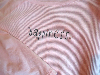 HUE VTG SIZE L SLEEP SHIRT PINK HAPPINESS SPELLOUT WAFFLE WEAVE ROUND NECK LSLV - Image 1 of 4