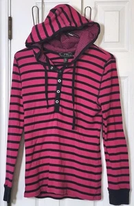 Polo donna Lauren Ralph Lauren blu e rosa a righe con cappuccio Henley taglia large - Foto 1 di 4