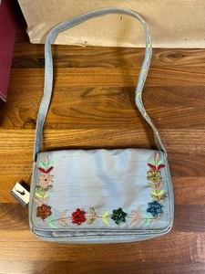 Neu mit Etikett Vintage Liz Claiborne Uptown Downtown Satin silbergrau Perlen Blumen Handtasche - Bild 1 von 11