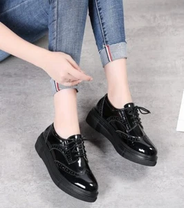 Korean Shoes Womens Sz 9 260 Black Wingtip Lace Up Platform Oxford Brogues - Picture 1 of 8