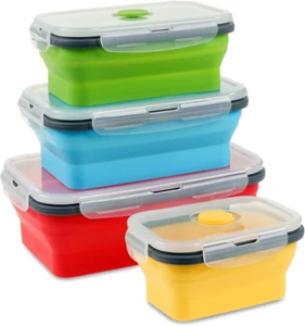 4pc Collapsible Food Storage Containers Set Airtight Lid Microwave Safe Silicone - Picture 1 of 12