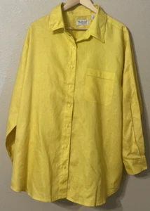 Blusa para mujer amarilla con botones 100 % lino talla 2X manga larga cuello - Imagen 1 de 8