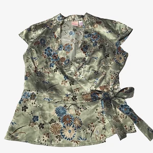 Vintage Y2K Top XL Asian Floral Wrap Satin Fairy Grunge Green Xhilaration - Picture 1 of 11