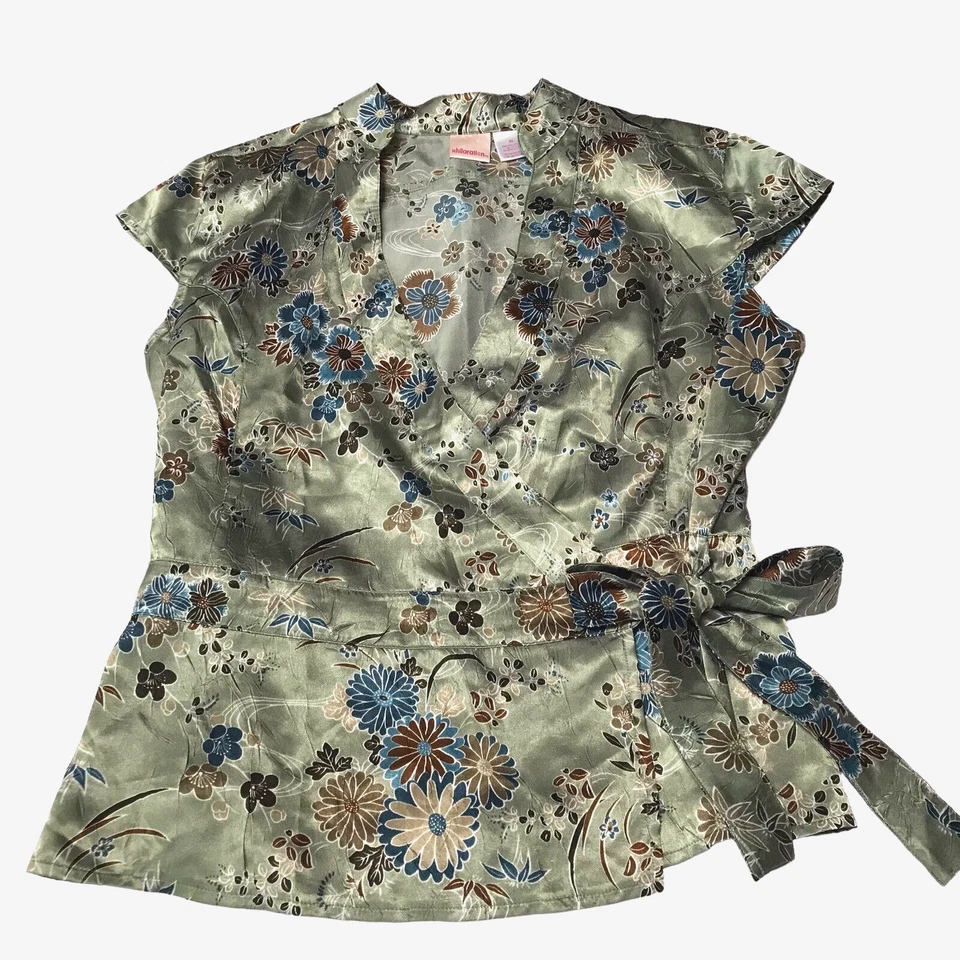 Vintage Y2K Top XL Asian Floral Wrap Satin Fairy Grunge Green Xhilaration - Image 1 of 4