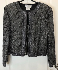 Papell Boutique Evening Beaded Dinner Jacket Sz L *FLAW Silk Sequins Blue Grey - Picture 1 of 14