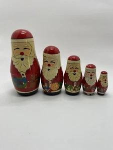 Vintage 5er Set schielender Weihnachtsmann Holz Matroschka handbemalt verschachtelte Puppen - Bild 1 von 7