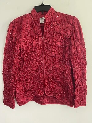 MSK Women’s Red Satin Sequin Quilt Crinkle Zipper Long Sleeve Jacket Size Small - Image 1 of 4