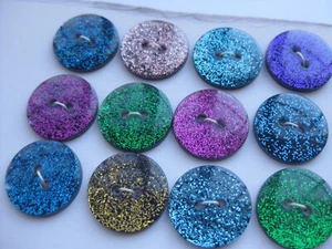 18mm Med Sparkly Glitter Blue Pink Purple Green Vintage Sewing Buttons Set 12 - Picture 1 of 6