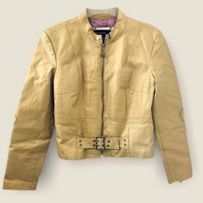 {ROCAWEAR} Jacket Gold Leather Motorcycle/Racer Zip Buckles Lined ~L - Image 1 of 4
