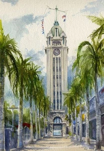 Tarjetas de notas de acuarela de faro de Aloha Tower Honolulu Hawaii - Imagen 1 de 2