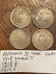 Lot (4) KM#17 German Empire 1/2 Mark Silver Coin ERROR 1918-19 LQQK1918 Double D - Picture 1 of 12