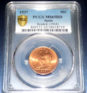 1937 SPAIN 50 CENTIMOS PCGS MS65+RD MS 65 RD Uncirculated Grade Certified Coin - Picture 1 of 4