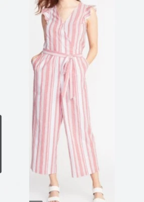 Mameluco recortado de lino azul marino antiguo para mujer mediano rojo blanco a rayas con volantes usado en excelente estado  Foto 1 de 4