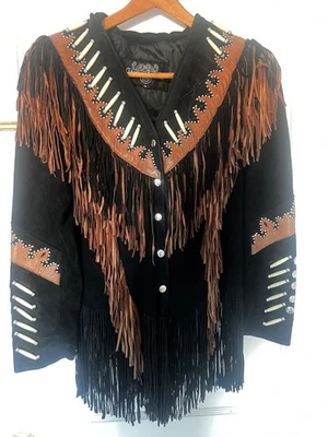 Chaqueta de Colección S Galería de Cuero Negra Flecos Imitación Hueso Cuentas Nueva con Etiquetas Pequeña De Colección Foto 1 de 4
