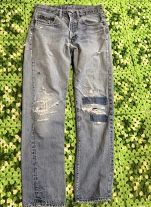 Vtg 70s Levi’s SF 207 Patchwork Blue Jeans Talon Zip Thrashed Worn Distressed - Picture 1 of 24