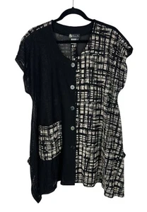 Damee Inc Button Down Knit Tunic Size L XL Black Print Sharkbite Mesh Lagenlook - Picture 1 of 10
