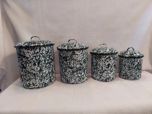 Vintage Green Swirl Enamelware CGS International Farmhouse Canister Set Of 4 (U8 - Picture 1 of 20
