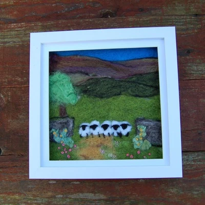 5 sheep by dry stone wall, Needle Felted Wool  picture, textile art, fibre art. - Image 1 of 4