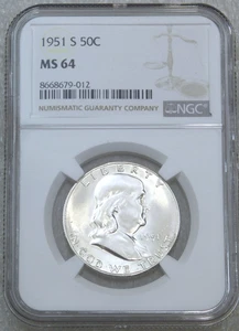 1951-S Franklin Half Dollar NGC MS64 Frosty White Just Graded New Holder #Q167L - Picture 1 of 4