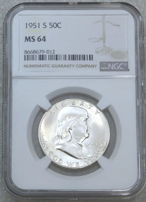 1951-S Franklin Half Dollar NGC MS64 Frosty White Just Graded New Holder #Q167L - Image 1 of 4